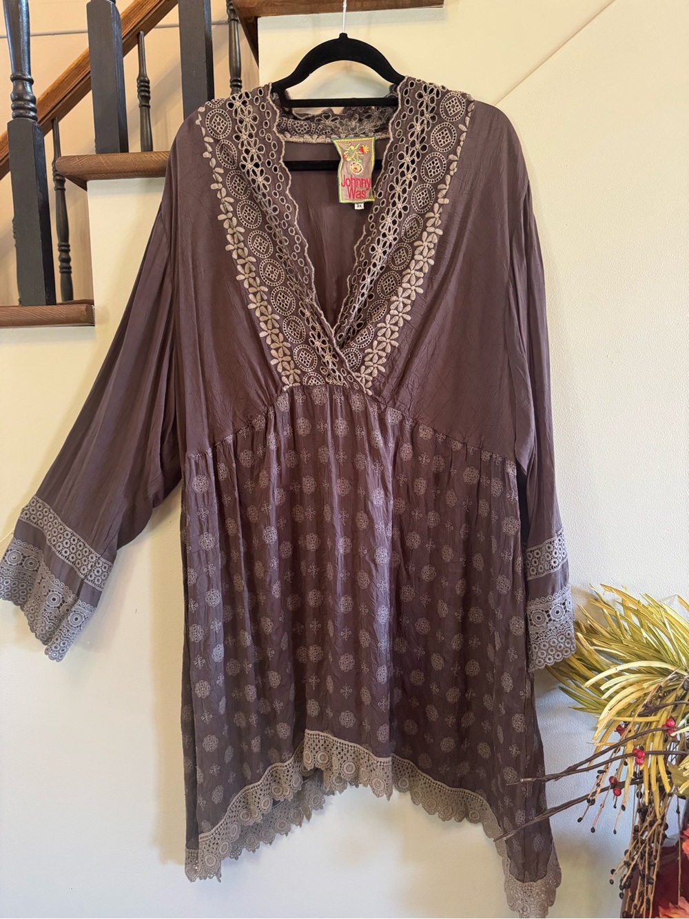 Johnny Was Taupe Embroidered V-Neck Tunic with lace trim